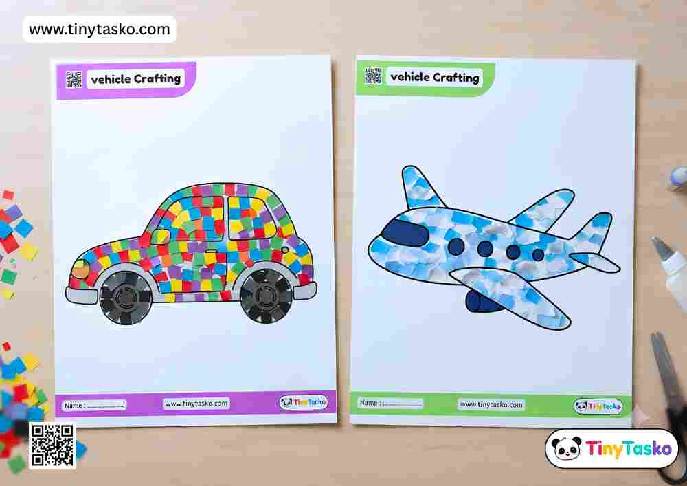 10 Vehicle Collage Craft Worksheets for Kids | Paper Tearing & Cutting Activities